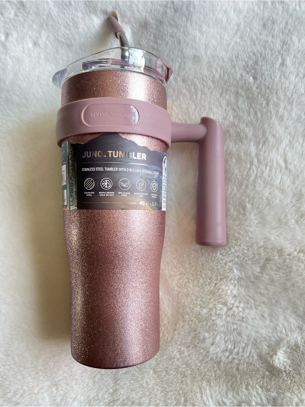 HydraGear Juno 40oz Glitter Pink Tumbler NEW Stainless Steel Handle Straw Cup